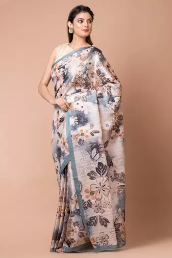 Indiloom Cream Digital Print Semi Tussar Saree With Blouse Piece