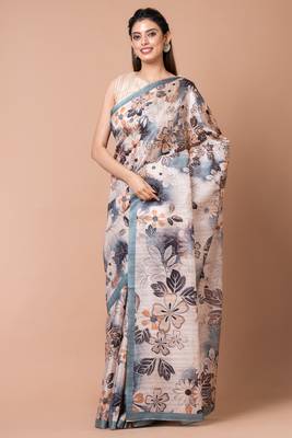 Indiloom Cream Digital Print Semi Tussar Saree With Blouse Piece 3