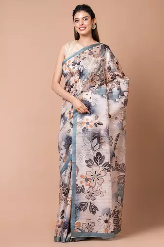 Indiloom Cream Digital Print Semi Tussar Saree With Blouse Piece