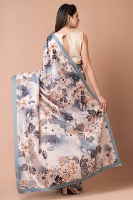 Indiloom Cream Digital Print Semi Tussar Saree With Blouse Piece 4