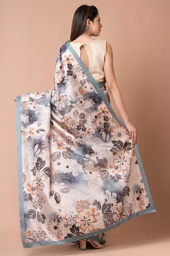 Indiloom Cream Digital Print Semi Tussar Saree With Blouse Piece