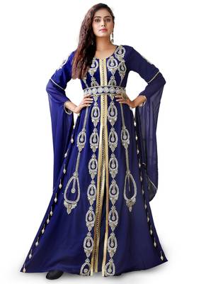 Women dark blue designer islamic moroccan style hand beaded wedding takchita kaftan 1