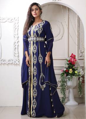 Women dark blue designer islamic moroccan style hand beaded wedding takchita kaftan 2