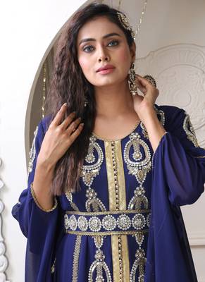 Women dark blue designer islamic moroccan style hand beaded wedding takchita kaftan 3