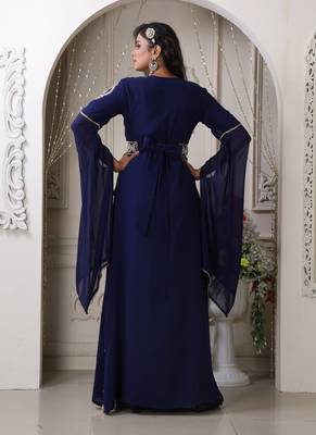 Women dark blue designer islamic moroccan style hand beaded wedding takchita kaftan 4