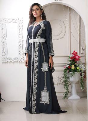 Women dark grey designer embroidery farasha party wear wedding kaftan 1