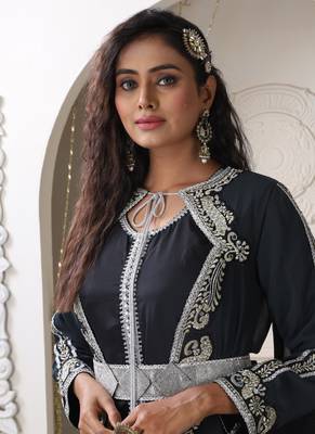 Women dark grey designer embroidery farasha party wear wedding kaftan 2