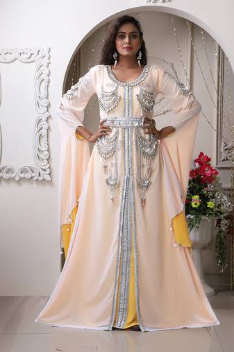 Women white designer wedding hand beaded shell work special events kaftan