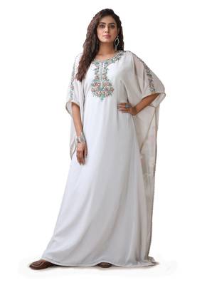 Light grey islamic dubai style designer hand beaded farasha floor length party wear arabic maxi takchita kaftan 2