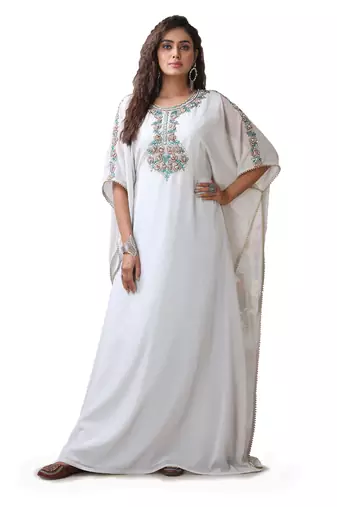 Light grey islamic dubai style designer hand beaded farasha floor length party wear arabic maxi takchita kaftan