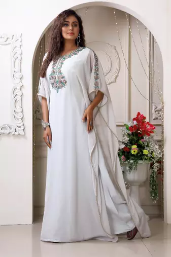 Light grey islamic dubai style designer hand beaded farasha floor length party wear arabic maxi takchita kaftan