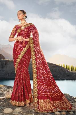 Maroon Pure Gajji Bandhej Satin Embroidred With Mirror, Moti & Cut Dana Work Saree With Blouse 1