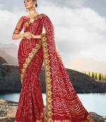 Maroon Pure Gajji Bandhej Satin Embroidred With Mirror, Moti & Cut Dana Work Saree With Blouse