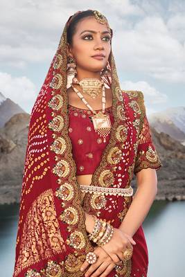 Maroon Pure Gajji Bandhej Satin Embroidred With Mirror, Moti & Cut Dana Work Saree With Blouse 2
