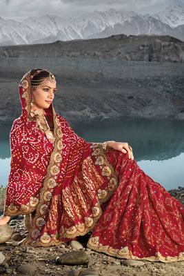 Maroon Pure Gajji Bandhej Satin Embroidred With Mirror, Moti & Cut Dana Work Saree With Blouse 4