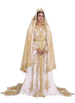 White unique wedding hand beaded long sleeve maxi arabic moroccan takchita kaftan 2