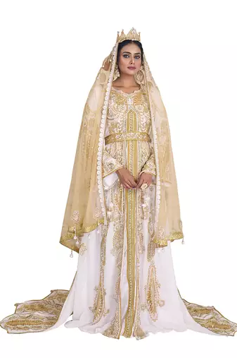 White unique wedding hand beaded long sleeve maxi arabic moroccan takchita kaftan