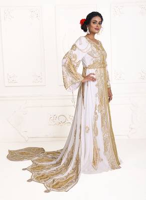 White unique wedding hand beaded long sleeve maxi arabic moroccan takchita kaftan 3