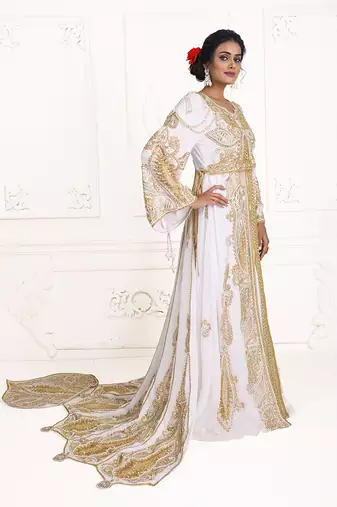 White unique wedding hand beaded long sleeve maxi arabic moroccan takchita kaftan