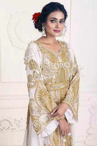 White unique wedding hand beaded long sleeve maxi arabic moroccan takchita kaftan