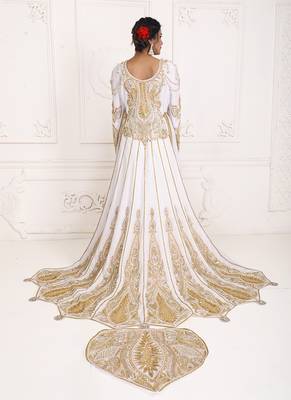 White unique wedding hand beaded long sleeve maxi arabic moroccan takchita kaftan 5
