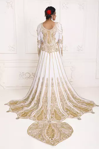 White unique wedding hand beaded long sleeve maxi arabic moroccan takchita kaftan