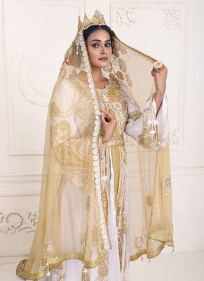 White unique wedding hand beaded long sleeve maxi arabic moroccan takchita kaftan 1