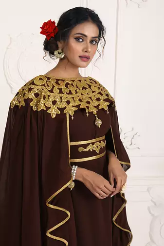 Brown and gold embroidery israeli dress islamic design kaftan takchita wedding party wear kaftan
