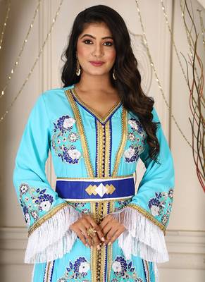 Mint green islamic designer kaftan israeli embroidery takchita party wear wedding kaftan 3