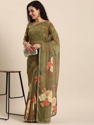 Women'S Georgrtte With Floral Printed Saree 1