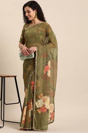Women'S Georgrtte With Floral Printed Saree