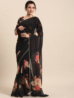 Black Georgette Multicolor Floral Printed Saree 1