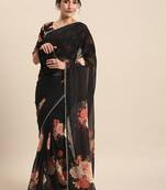 Black Georgette Multicolor Floral Printed Saree