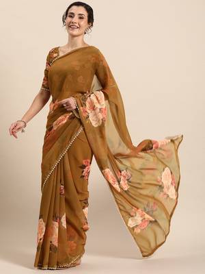 Women'S Georgrtte With Floral Printed Saree 1