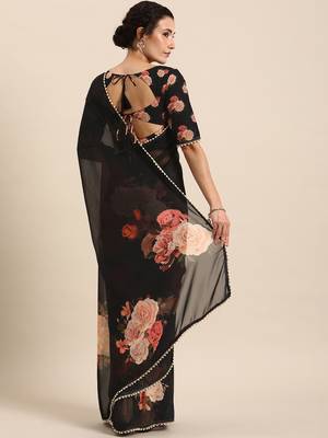 Black Georgette Multicolor Floral Printed Saree 2