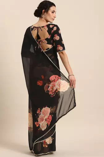 Black Georgette Multicolor Floral Printed Saree
