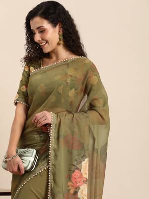 Women'S Georgrtte With Floral Printed Saree 3