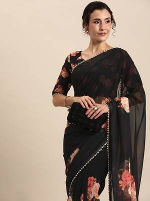 Black Georgette Multicolor Floral Printed Saree 3