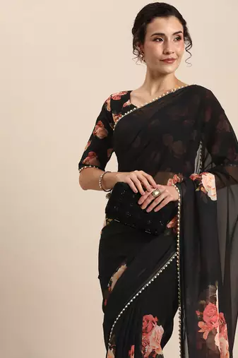 Black Georgette Multicolor Floral Printed Saree
