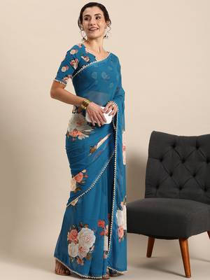 Women'S Georgrtte With Floral Printed Saree 1