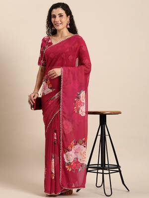 Women'S Georgrtte With Floral Printed Saree 1