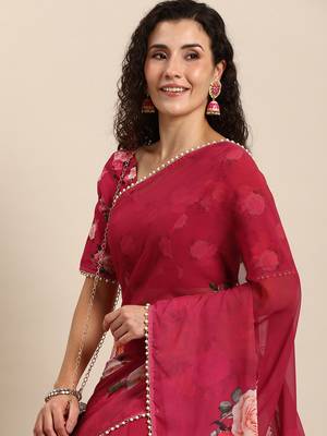 Women'S Georgrtte With Floral Printed Saree 3