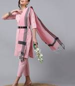 Anushil kurta pant set with dupatta - v-neck lurex checks, 3/4 sleeves, self-design pocket, cotton fabric