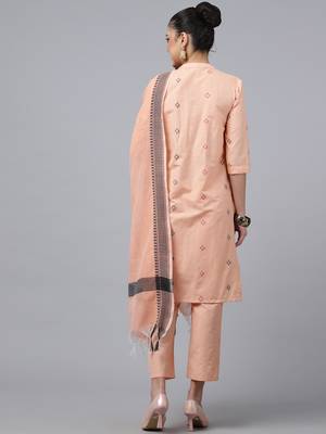 Anushil kurta pant set with dupatta - v-neck lurex checks, 3/4 sleeves, self-design pocket, cotton fabric 3