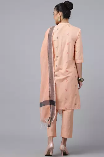 Anushil kurta pant set with dupatta - v-neck lurex checks, 3/4 sleeves, self-design pocket, cotton fabric
