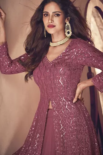 Mauve Pink Georgette Wedding Lehenga Kameez AM123A