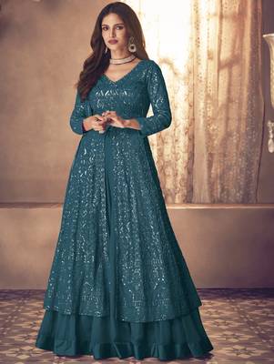Teal Blue Georgette Wedding Lehenga Kameez AM123B 1