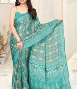 Turquoise Chiffon Block Printed Saree With Unstitched Blouse Piece