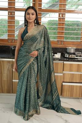 Dark Teal Chiffon Batik Printed Saree With Unstitched Blouse Piece 2