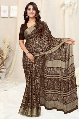 Coffee Brown Chiffon Batik Printed Saree With Unstitched Blouse Piece 2